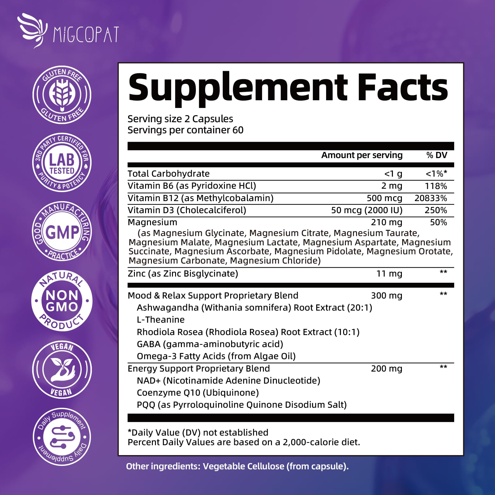 Migcopat Magnesium Complex: etiqueta frontal, información de ingredientes clara.