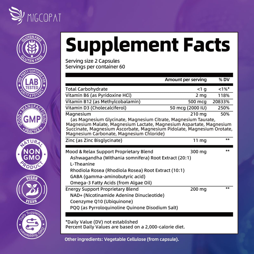 Migcopat Magnesium Complex: etiqueta frontal, información de ingredientes clara.