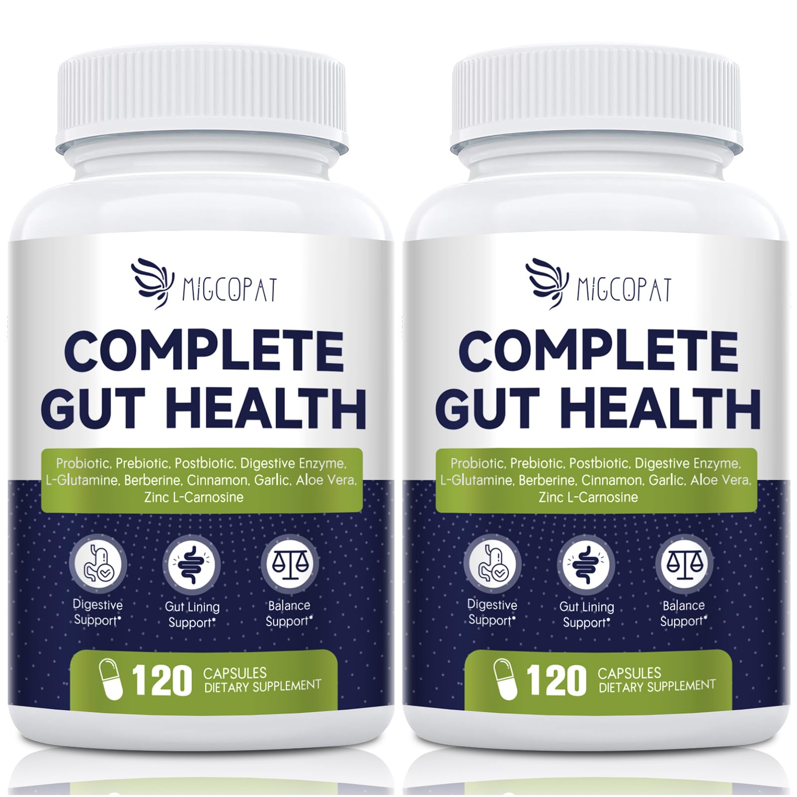 Migcopat Probiotics bottle front showing 80B CFU synbiotic for daily digestive support