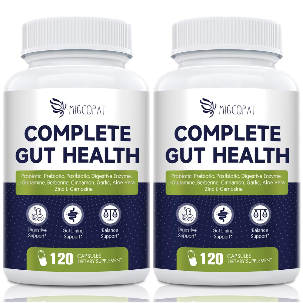 Migcopat Probiotics bottle front showing 80B CFU synbiotic for daily digestive support