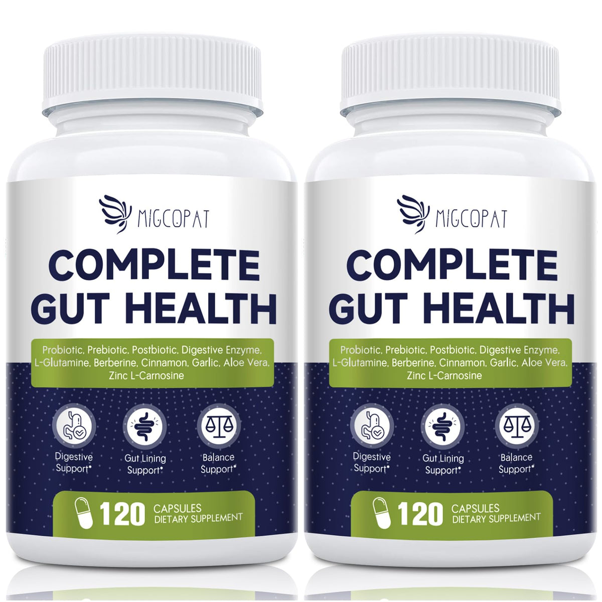 Migcopat Probiotics bottle front showing 80B CFU synbiotic for daily digestive support