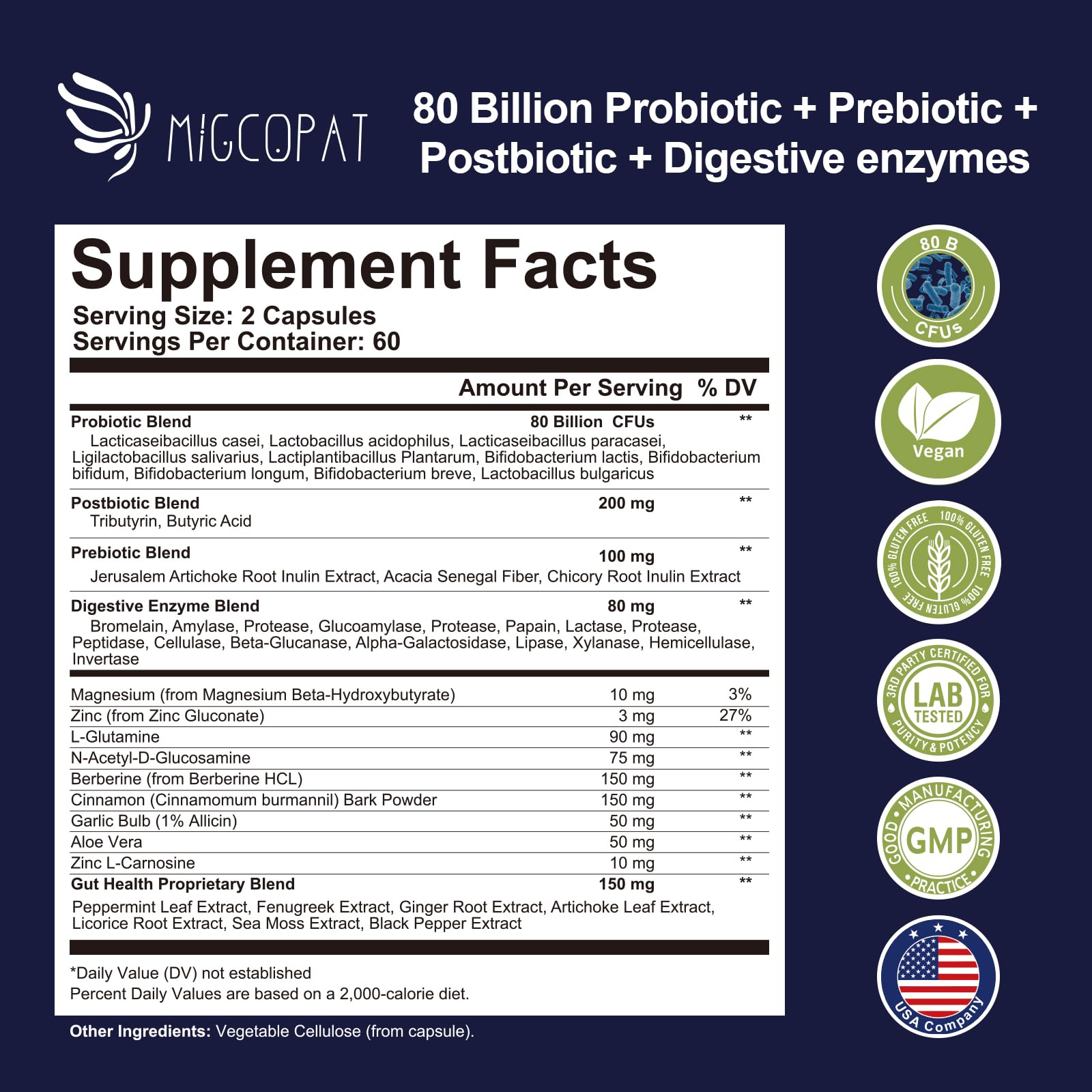 Migcopat Probiotics capsules closeup highlighting easy-to-swallow vegan capsules for daily digestive health
