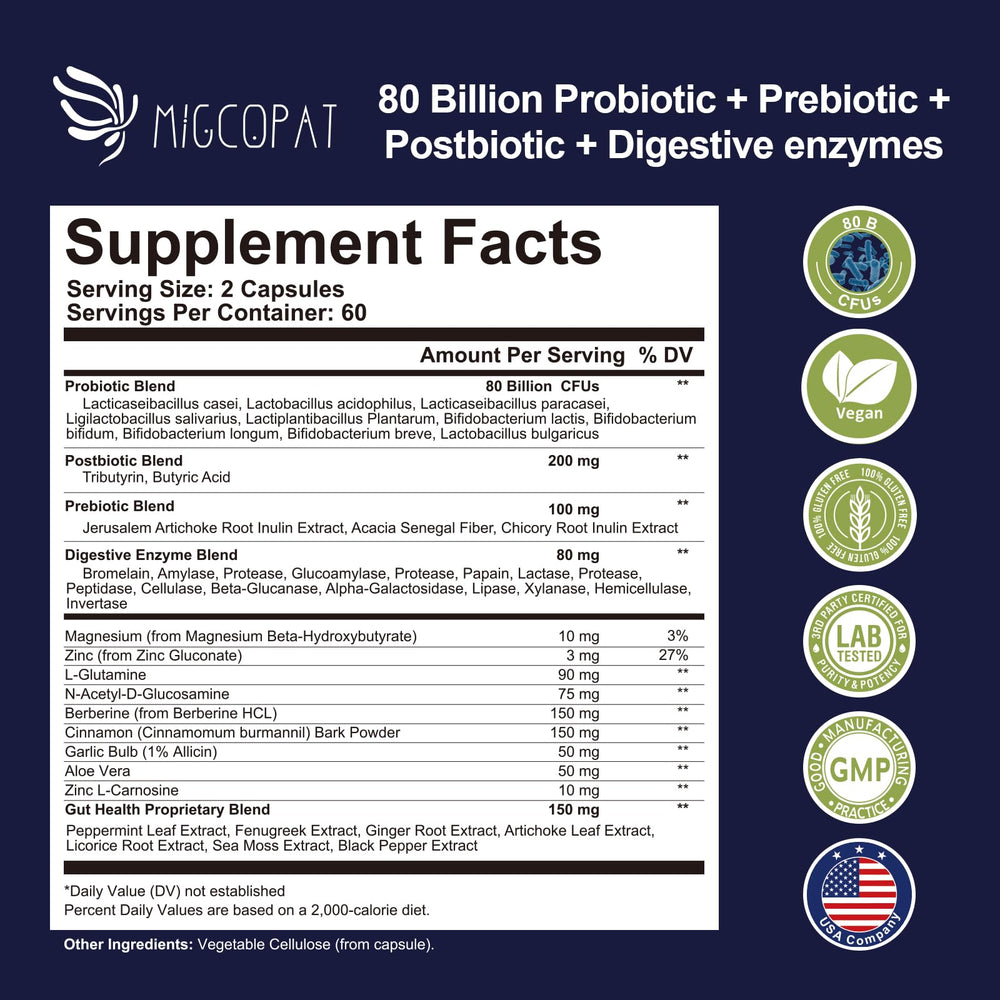 Migcopat Probiotics capsules closeup highlighting easy-to-swallow vegan capsules for daily digestive health
