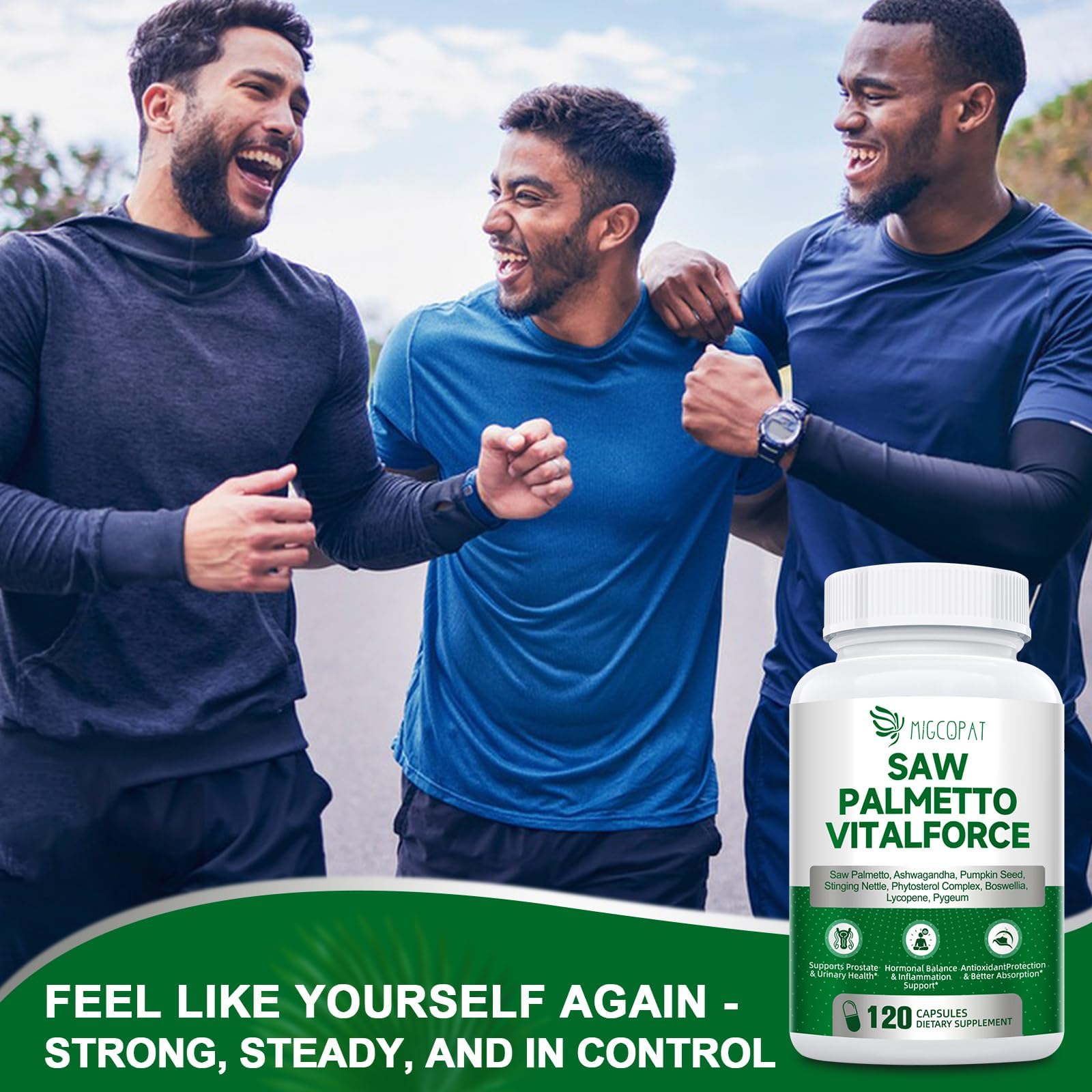 Migcopat bottle on desk suggesting nightly urinary comfort routine