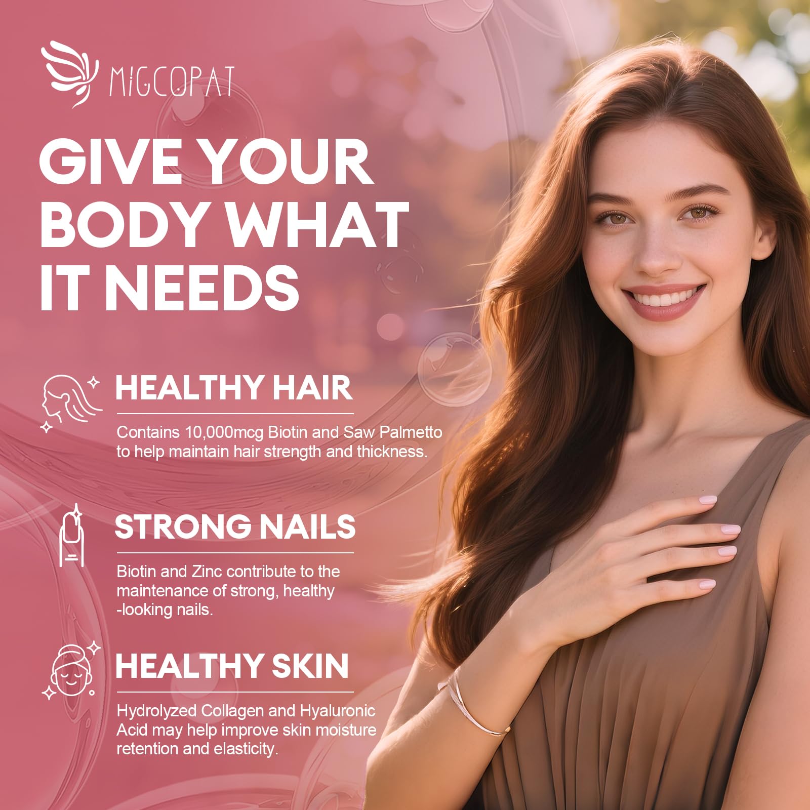 Migcopat saw palmetto image signals plant-based hair health support.