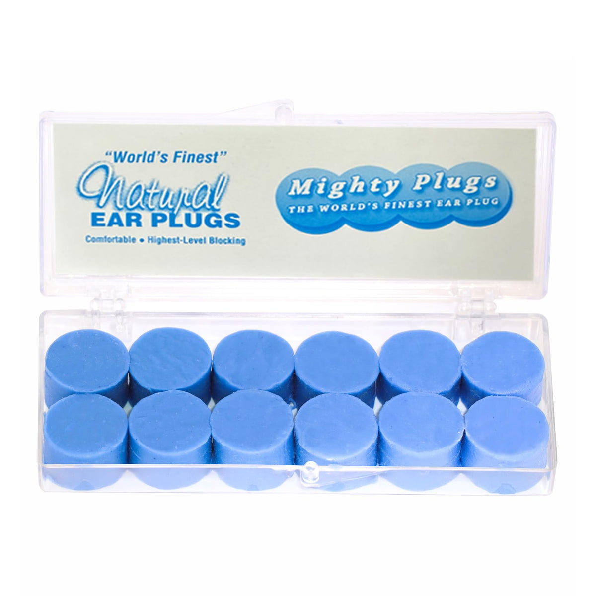 Mighty Plugs pure beeswax earplugs pack shown for sleeping and travel protection.