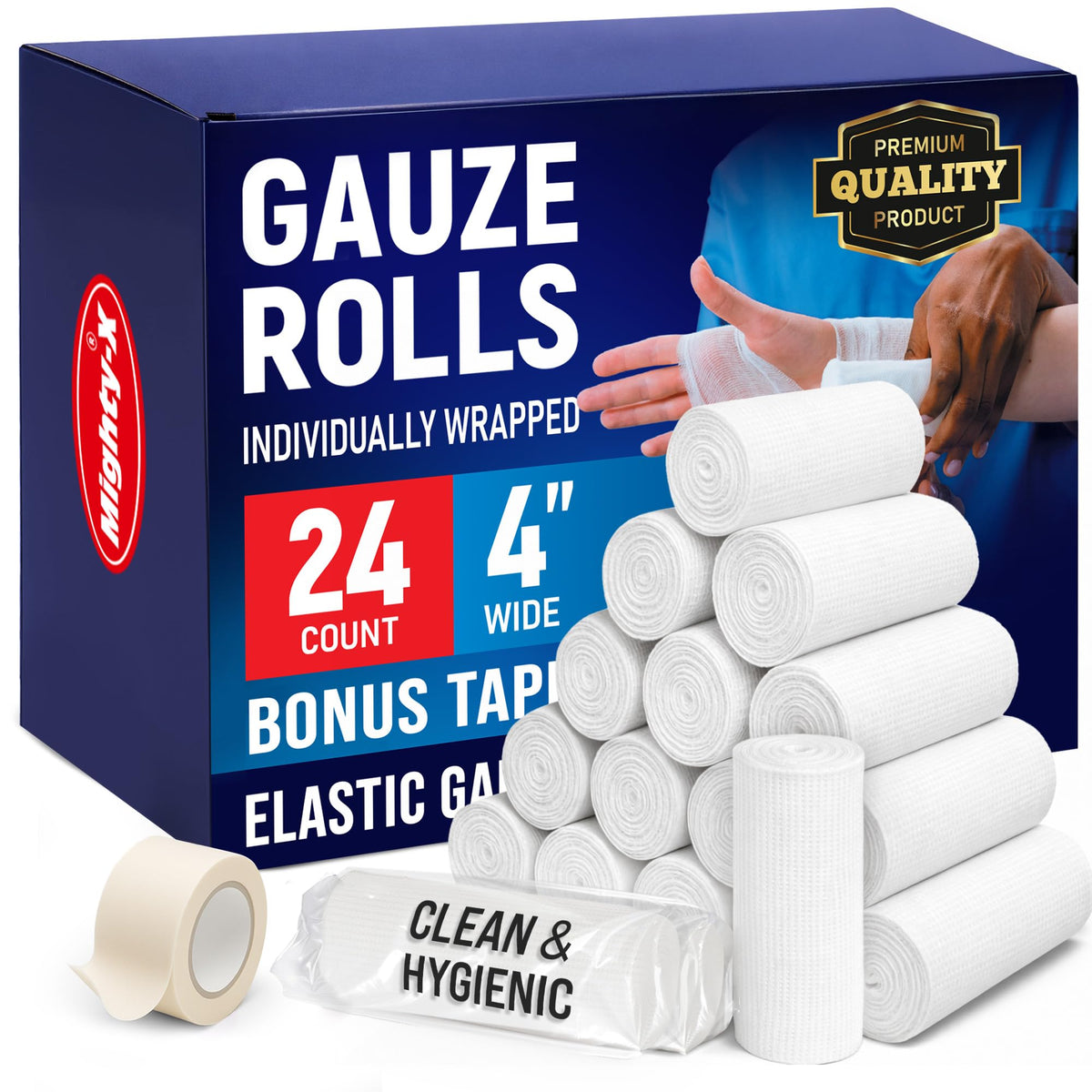 Mighty-X 24 gauze rolls, 4-inch width, securely hold dressings in active use.