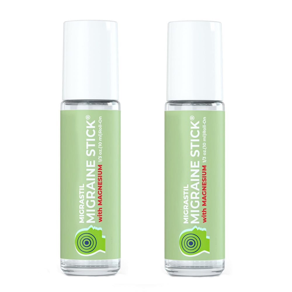 MigraStil Migraine Stick with cooling roller for on-the-go relief.