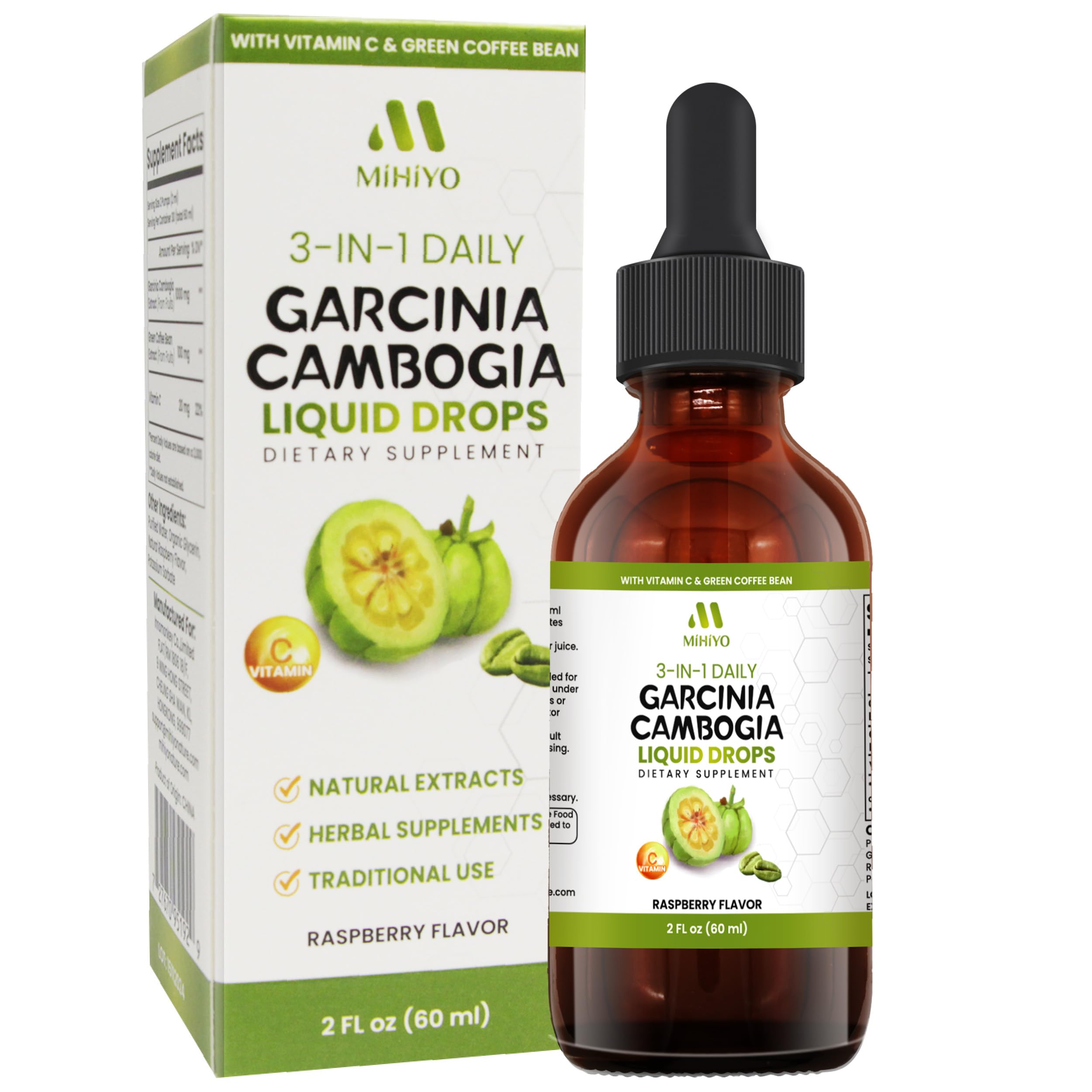 MIHIYO 3-in-1 Garcinia Drops bottle shown for daily wellness in raspberry flavor