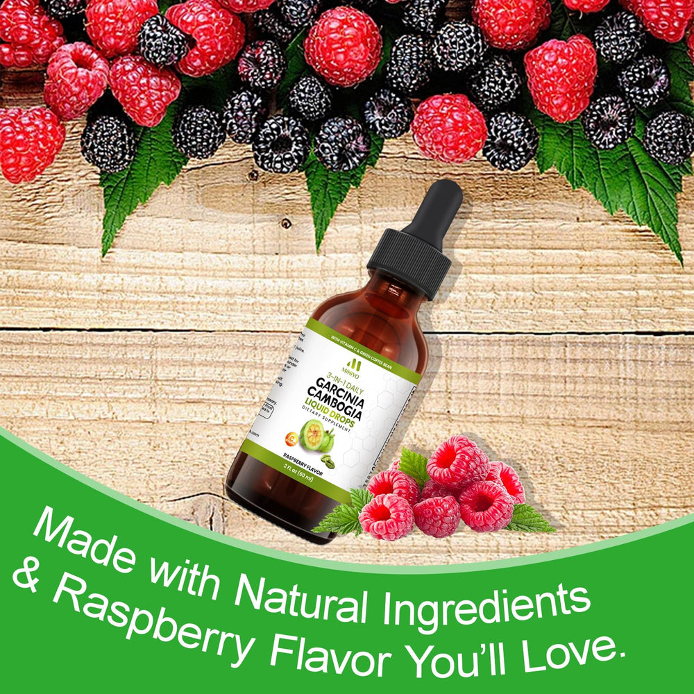 MIHIYO Garcinia Drops in a glass with raspberry flavor for a refreshing intake
