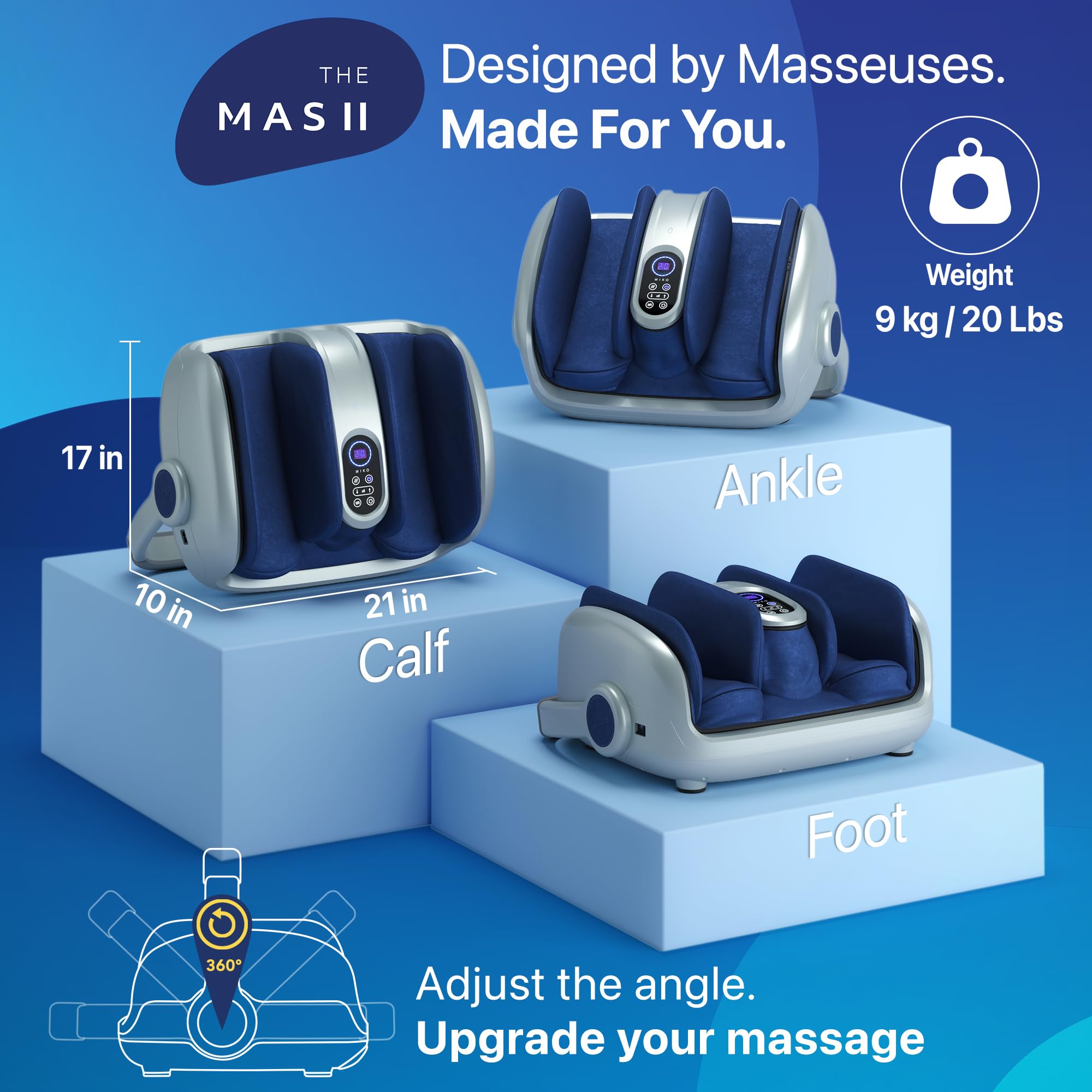 Miko foot massager with adjustable bar covers feet to calves easily.