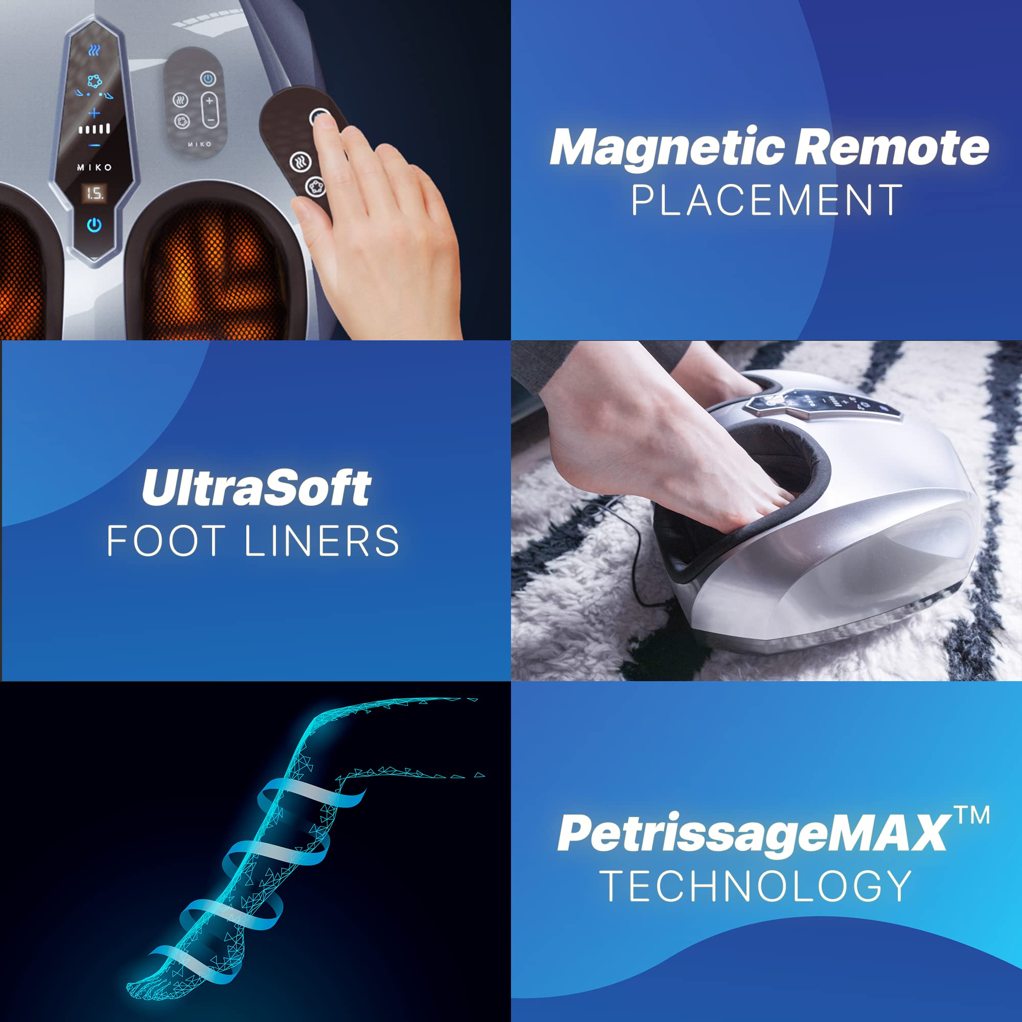 MIKO Foot Massager air compression with adjustable settings improves circulation.