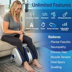 Miko foot massager reaches calves and arches for full-leg relaxation.
