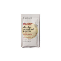 Mikuna Chocho powder scoop vanilla shows 20g protein per serving.