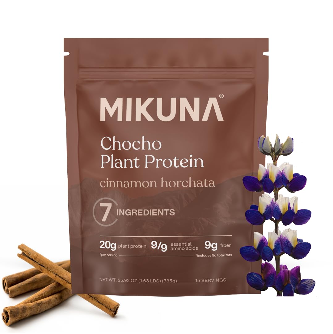 Mikuna Chocho protein bottle label shows Cinnamon Horchata flavor and vegan protein option.