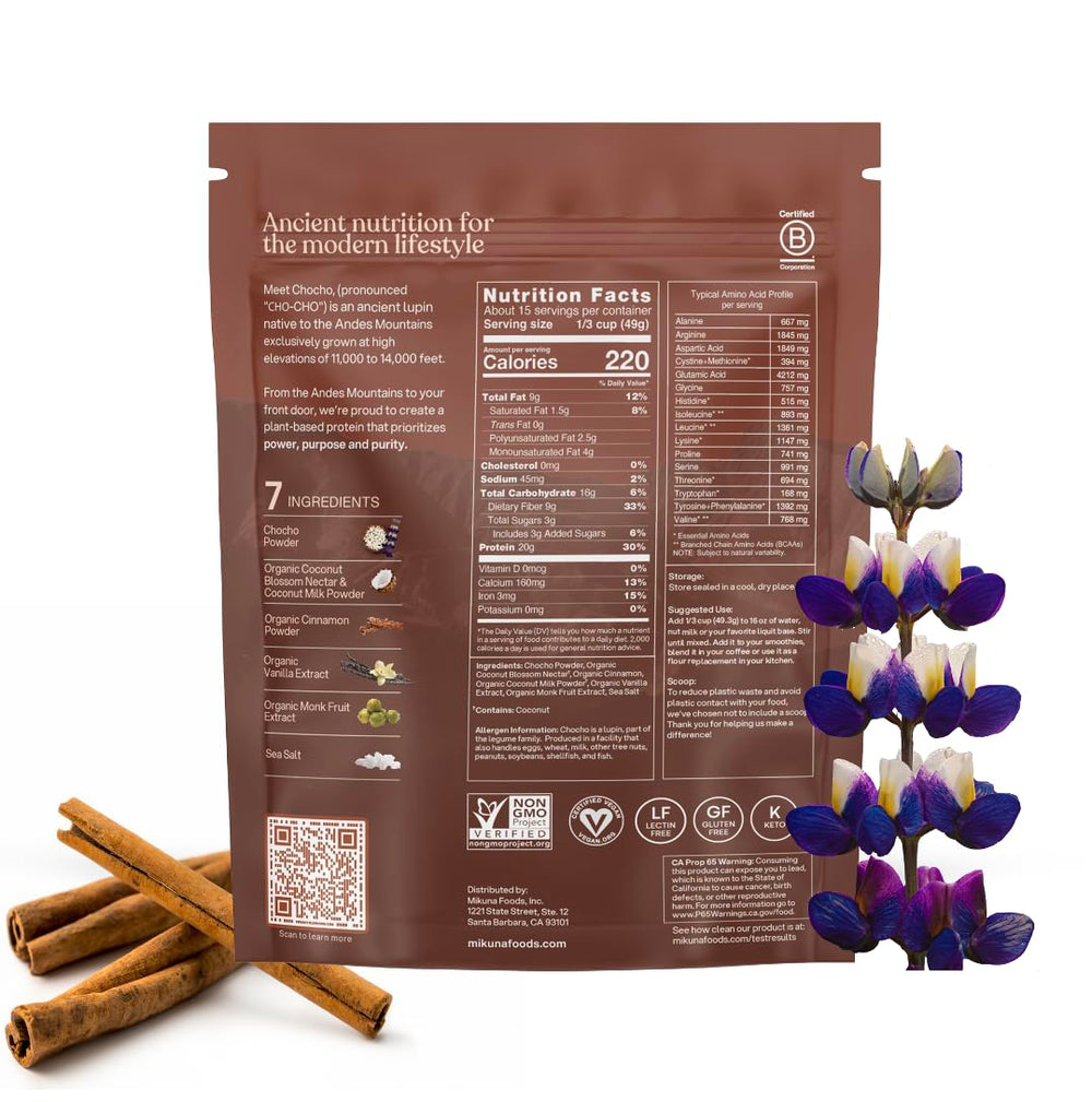 Mikuna Chocho protein powder on a surface highlights 20g protein per serving.
