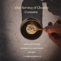 Mikuna Chocho protein scoop beside jar emphasizes gluten-free, lectin-free formula.