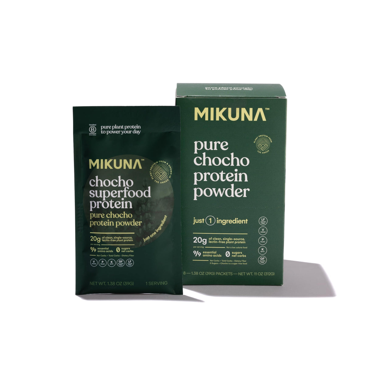 Mikuna Chocho travel pack pouch label highlights gluten-free, plant-based protein for active lifestyles.