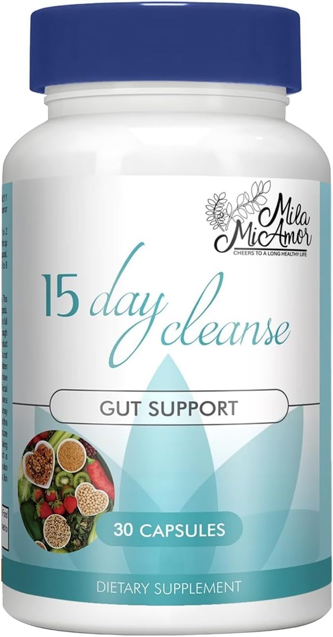 Mila Miamor 15 Day Cleanse bottle on a counter, signaling convenient daily gut support.