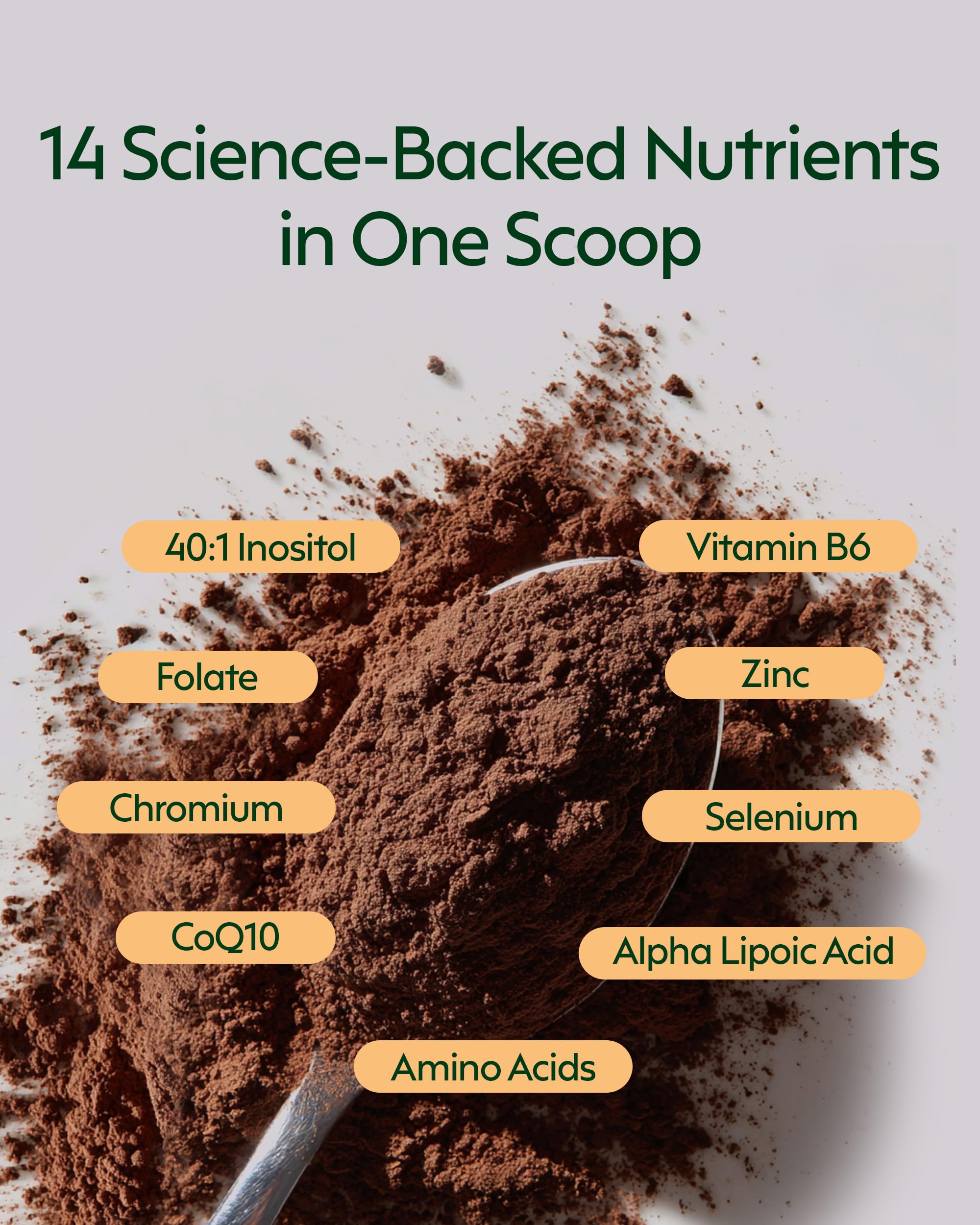 Milamend 40:1 Myo-Inositol blend supports ovarian balance in chocolate powder.
