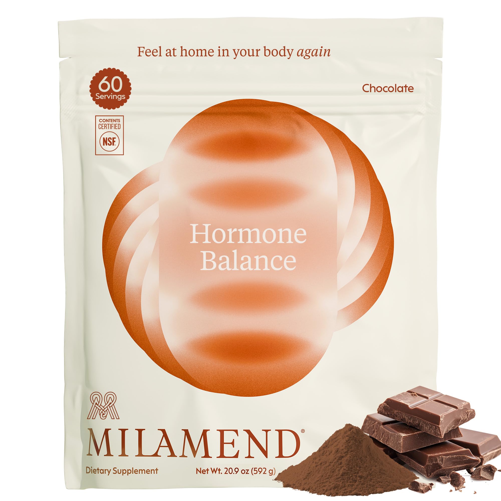 Milamend Hormone Balance chocolate powder bottle promotes daily balance and steady energy.