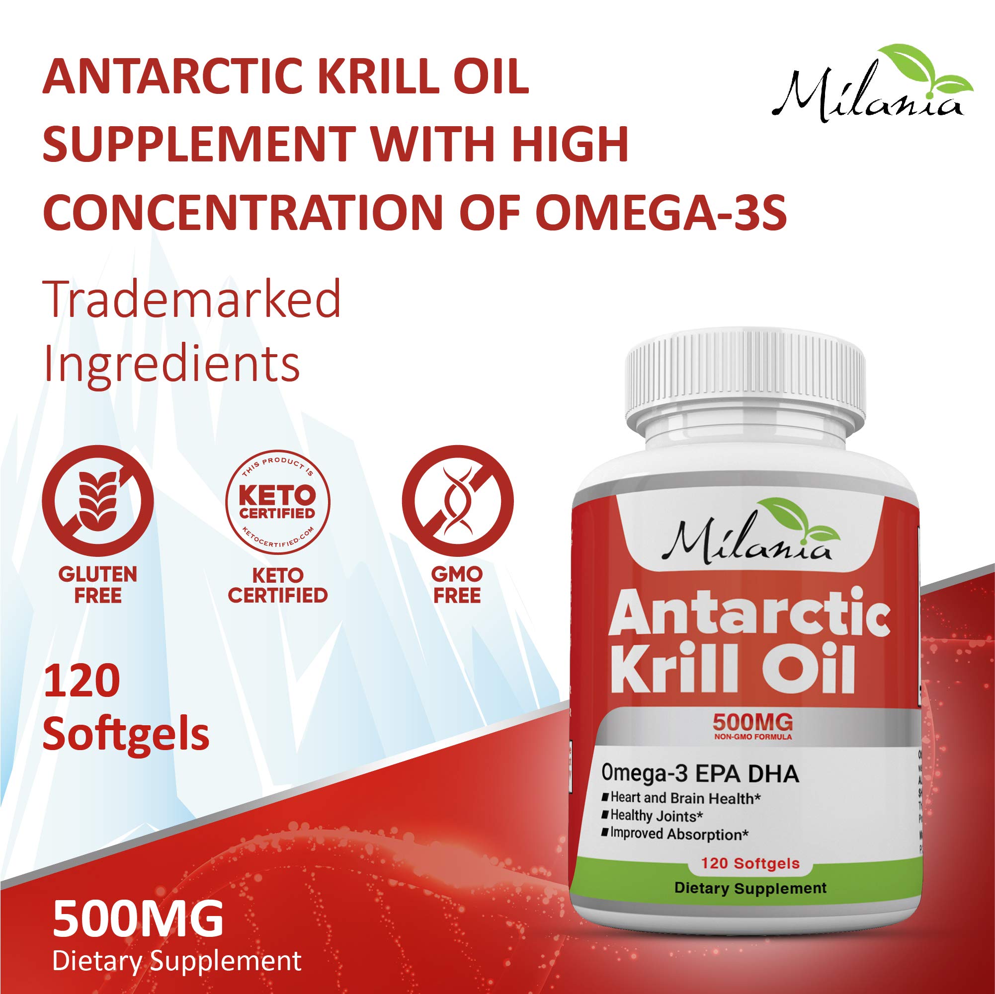 Milania Antarctic Krill Oil label closeup highlighting sustainability