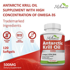 Milania Antarctic Krill Oil label closeup highlighting sustainability