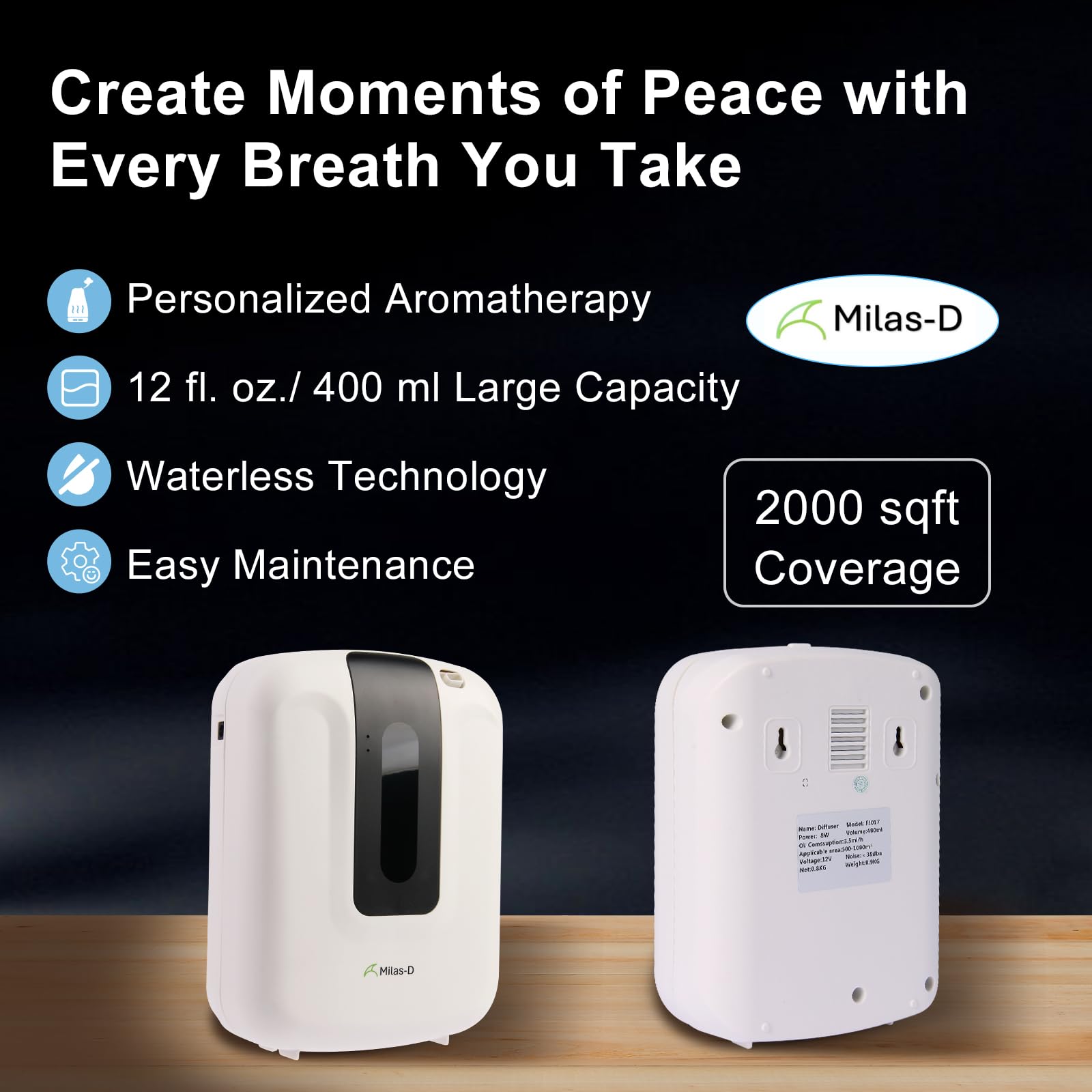 Milas-D Waterless Diffuser app control; Bluetooth scheduling and customization.