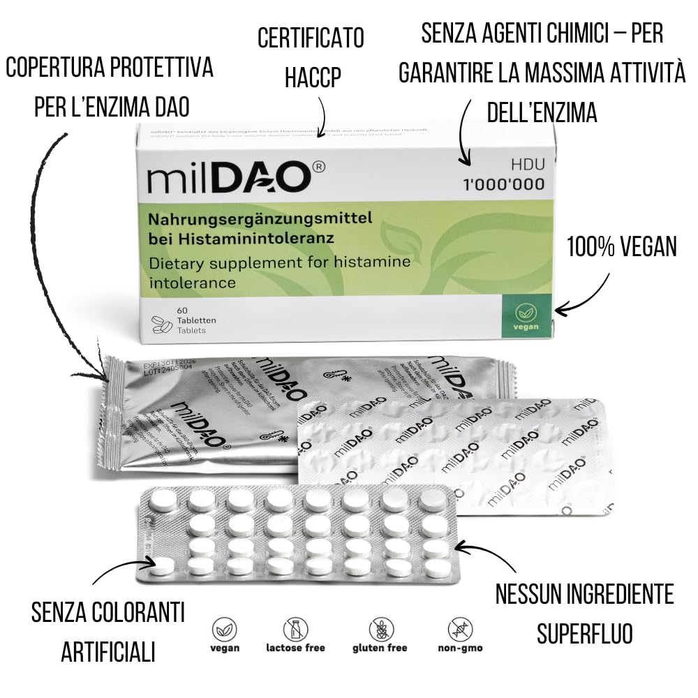 MilDAO tablets with catalase help neutralize hydrogen peroxide during histamine processing