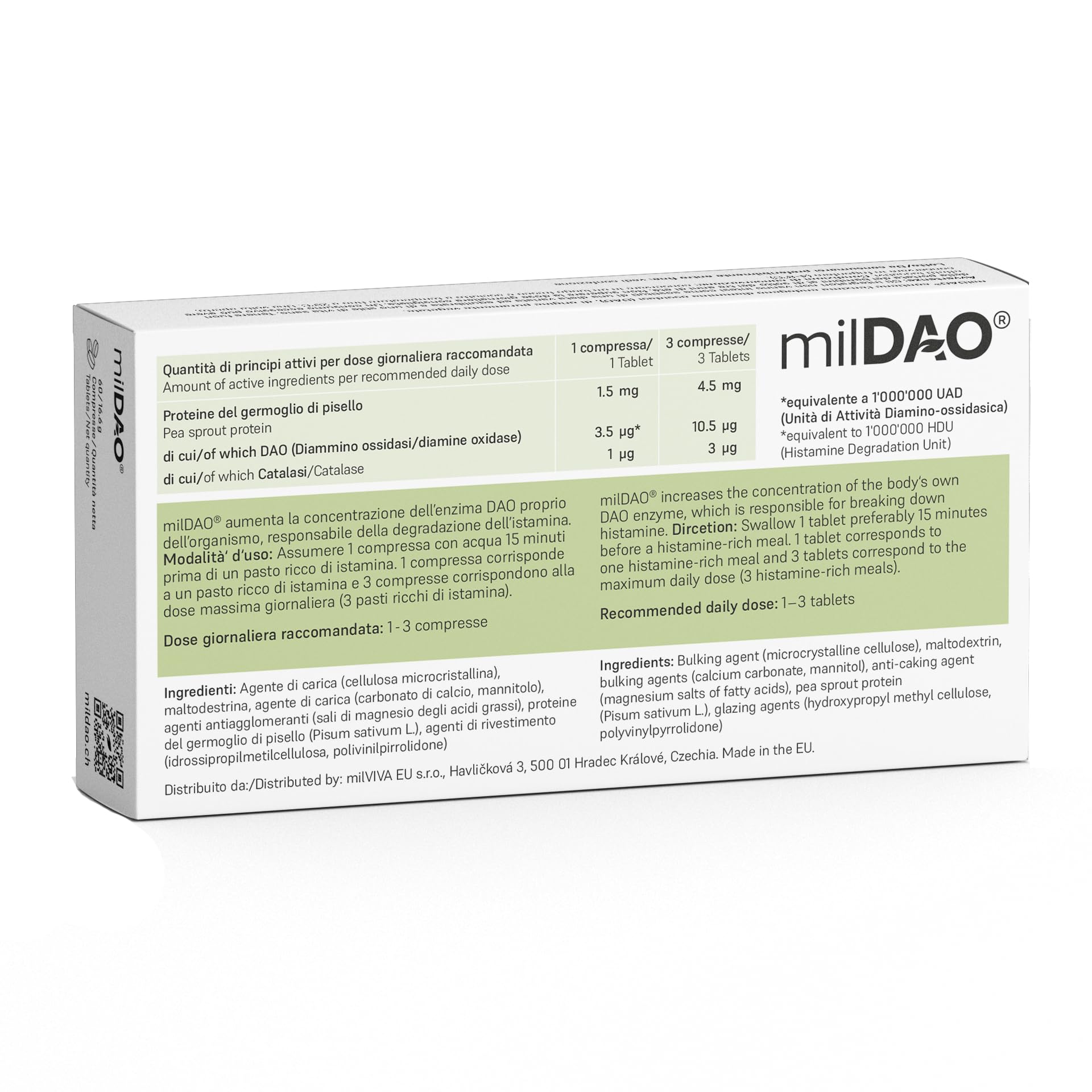 Close-up of milDAO tablets shows plant-based production and 1,000,000 HDU per tablet
