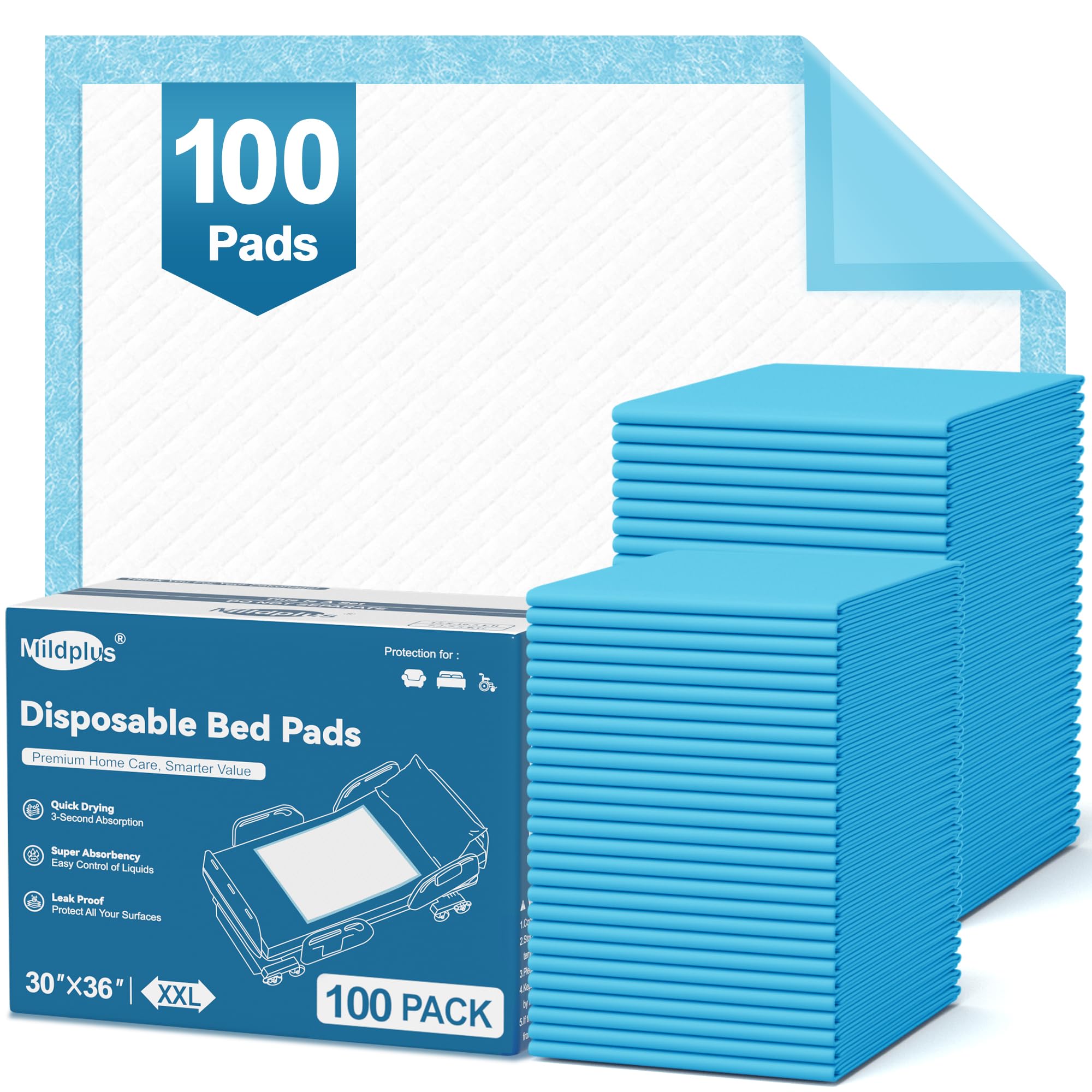 MILDPLUS disposable bed pads 30x36 front view offer full coverage for caregivers