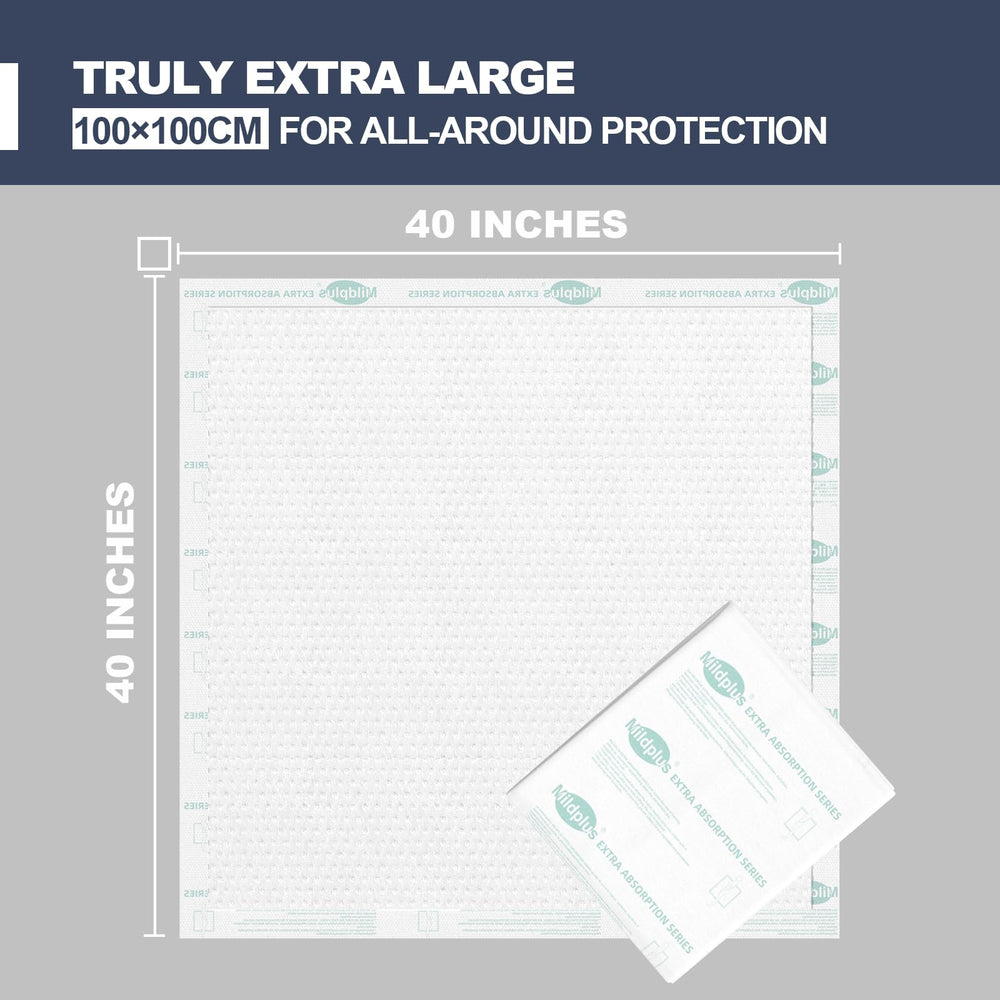 MILDPLUS underpad covers large 100x100 cm area for all-day use.