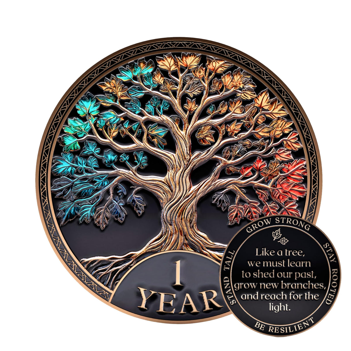 MilestoneMint 1 Year Sobriety Coin with Tree of Life engraving for renewal symbol