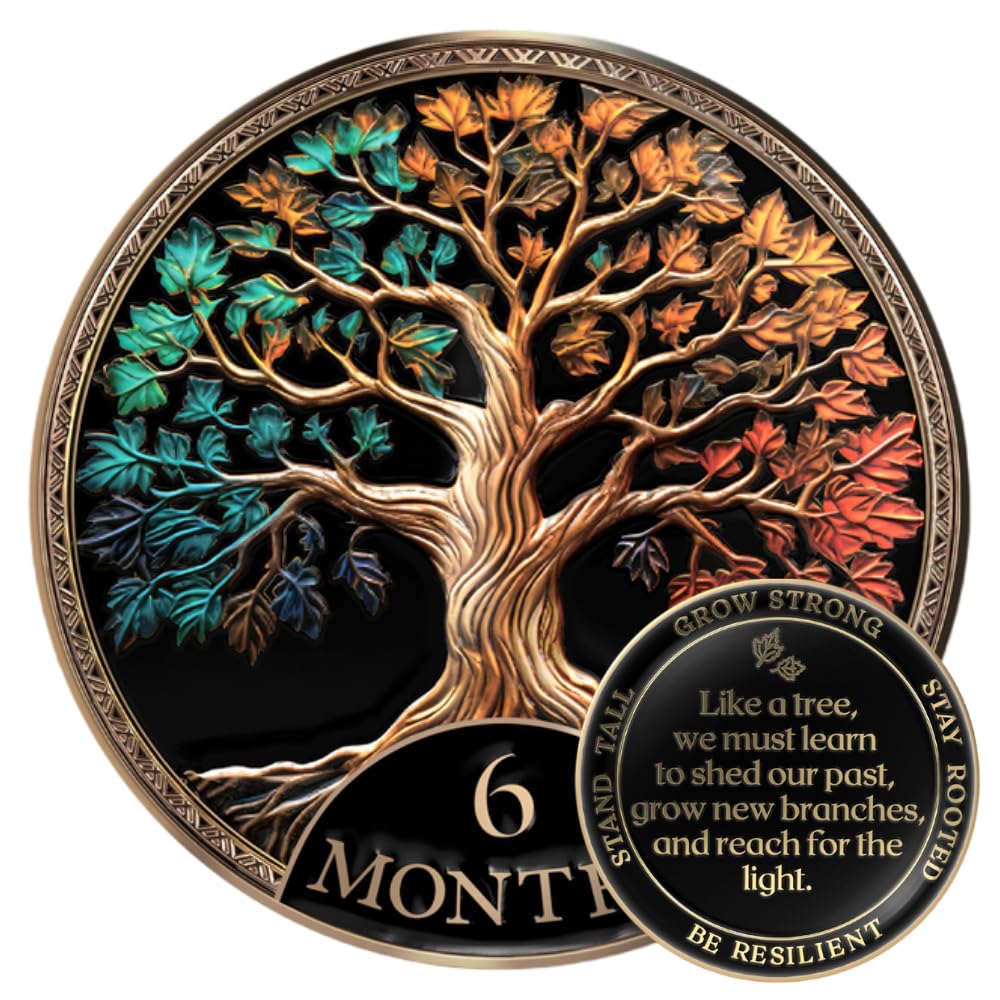 MilestoneMint 6 Months Sobriety Coin Tree of Life with 3D texture for tactile reflection.