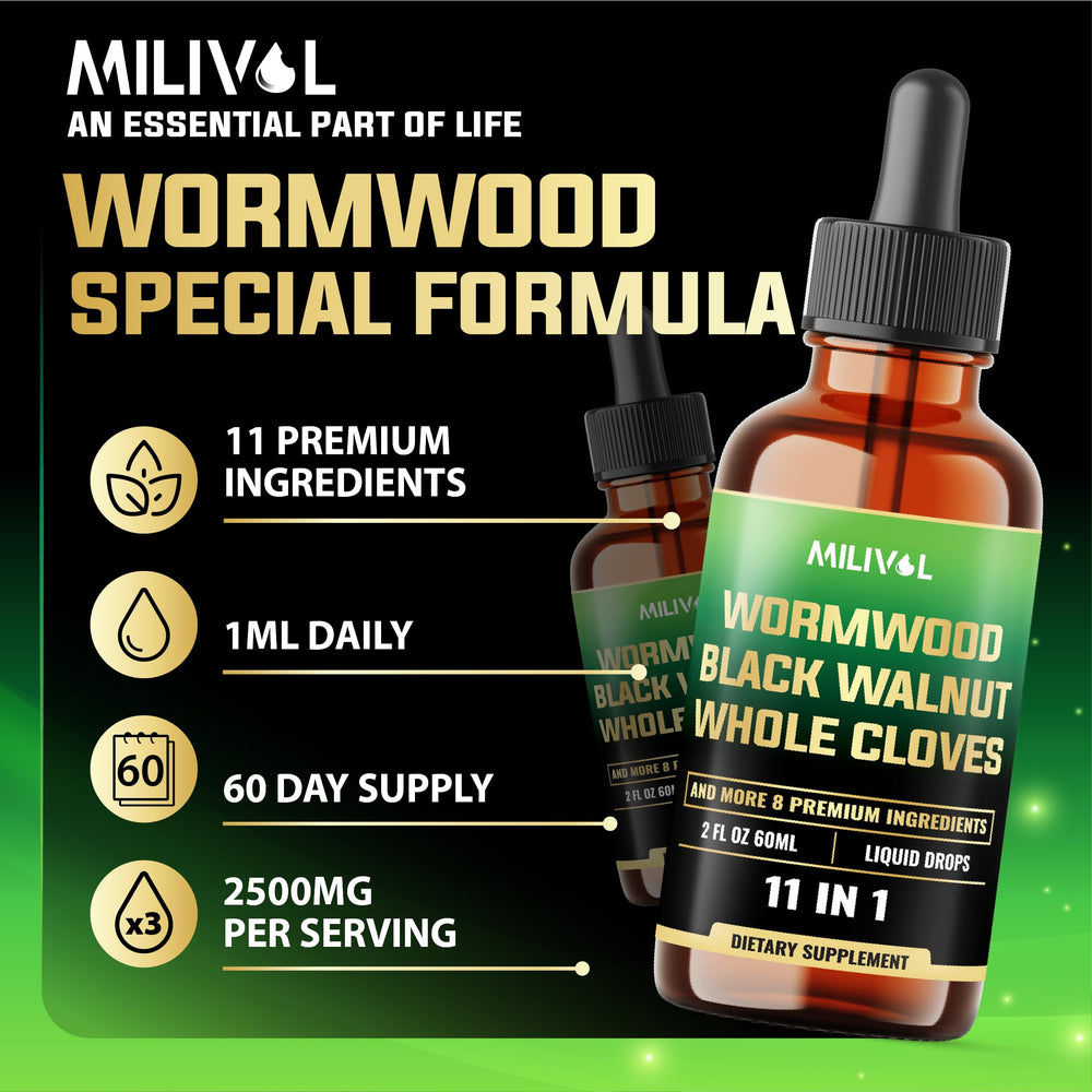 MILIVOL Wormwood Liquid Drops ingredients list features a rich botanical mix