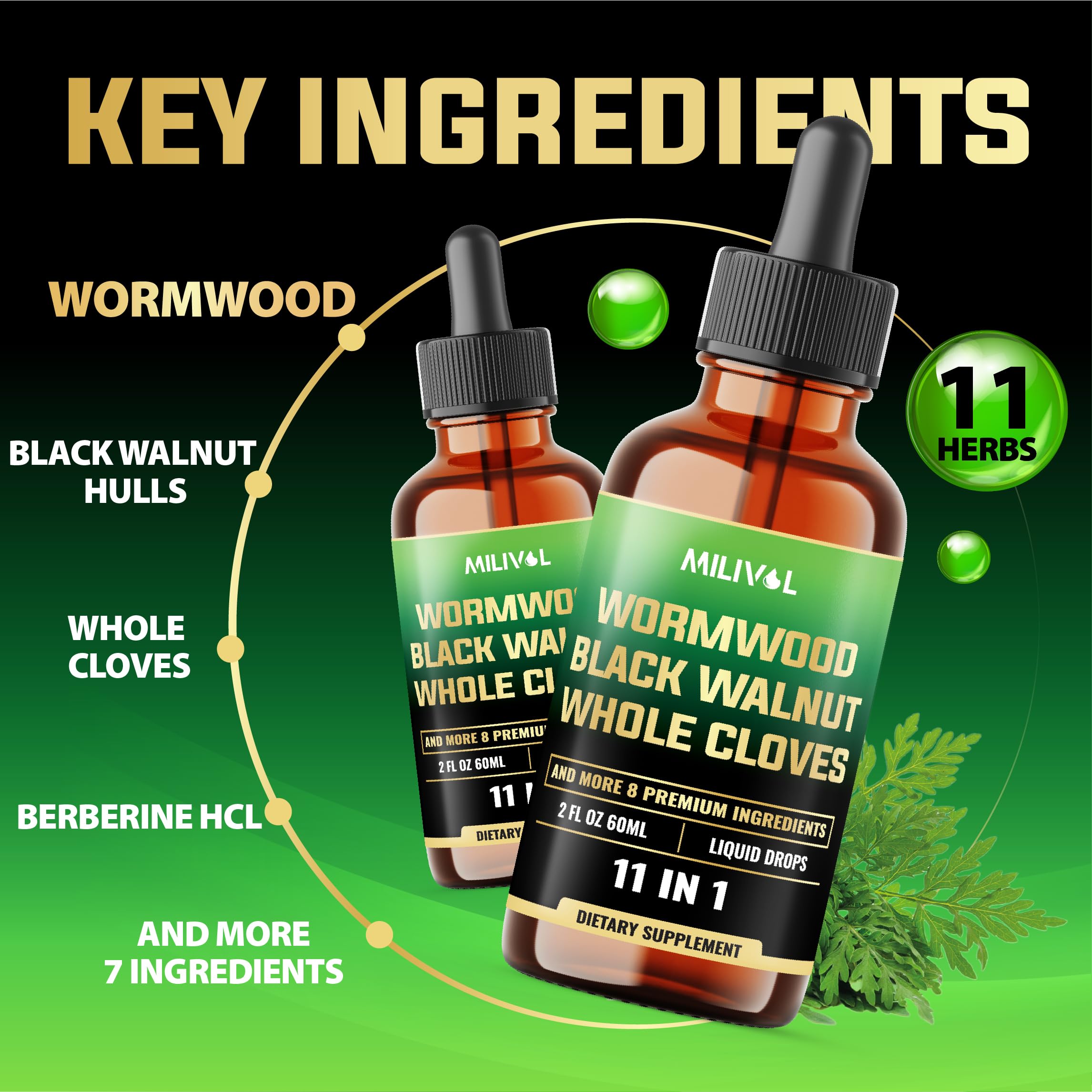 MILIVOL Wormwood Liquid Drops label highlights non-GMO sourcing and third-party testing