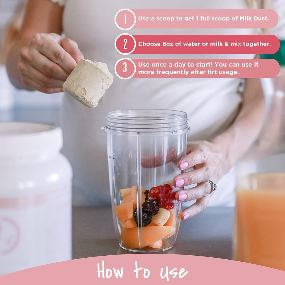MILK DUST bottle label communicates allergen-free features