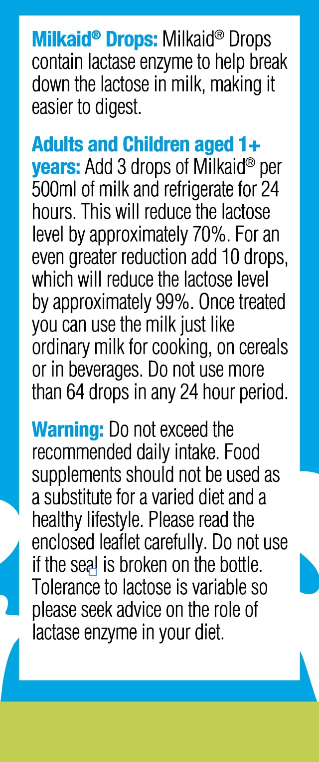 Milkaid drops with dropper on table for quick dairy use