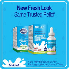 Milkaid drops pour into milk to aid lactose digestion in beverages