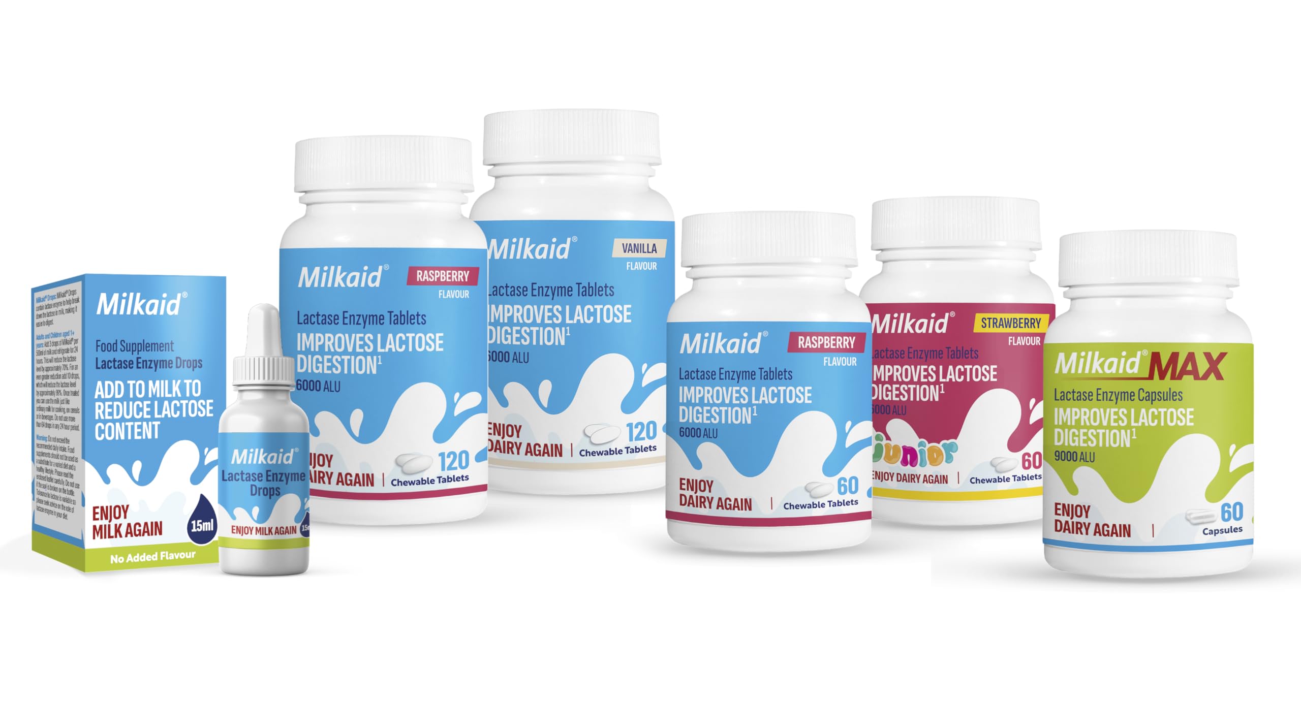 Milkaid on-the-go chewables provide dairy comfort anywhere.