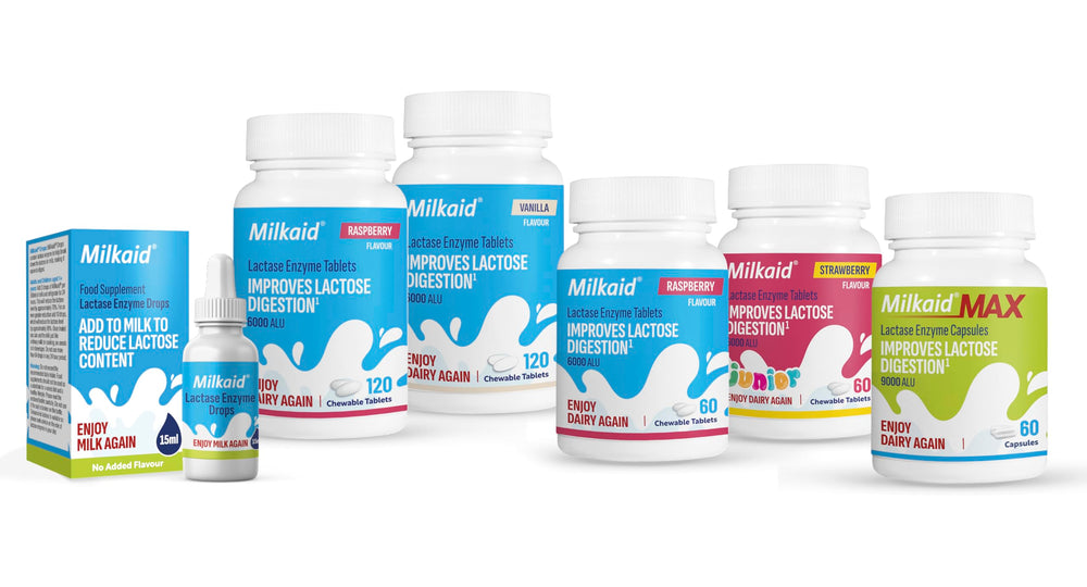 Milkaid on-the-go chewables provide dairy comfort anywhere.