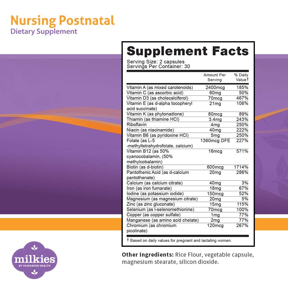 Milkies Fairhaven Health capsules close-up highlighting vitamin D and B support