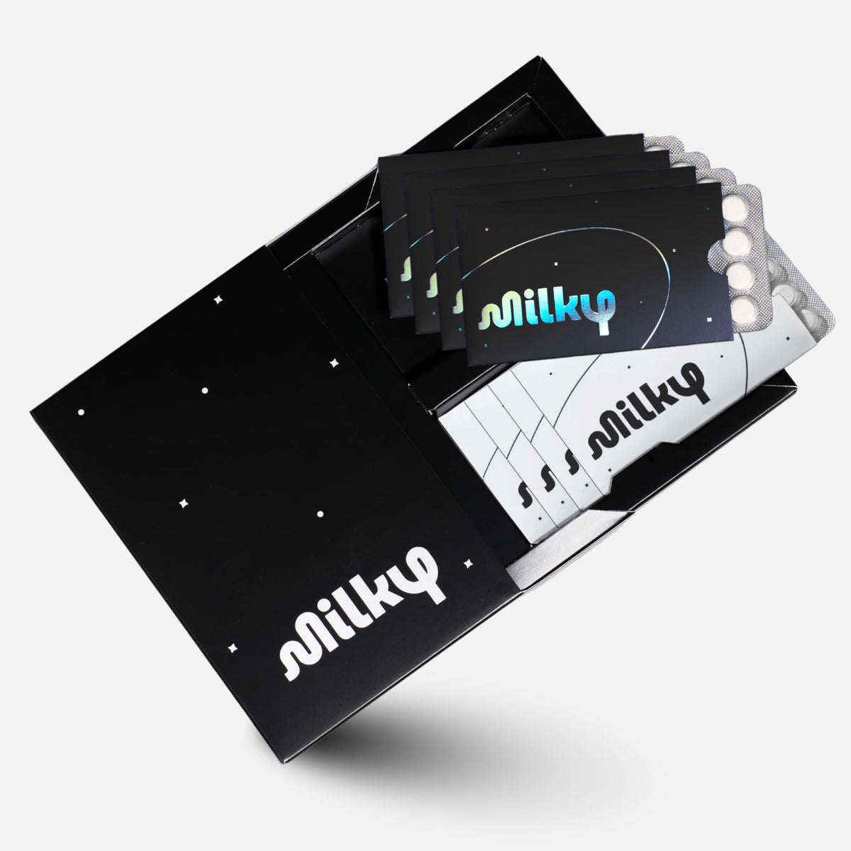 Milky lactase tablets in a compact bottle for dairy enjoyment on the go.