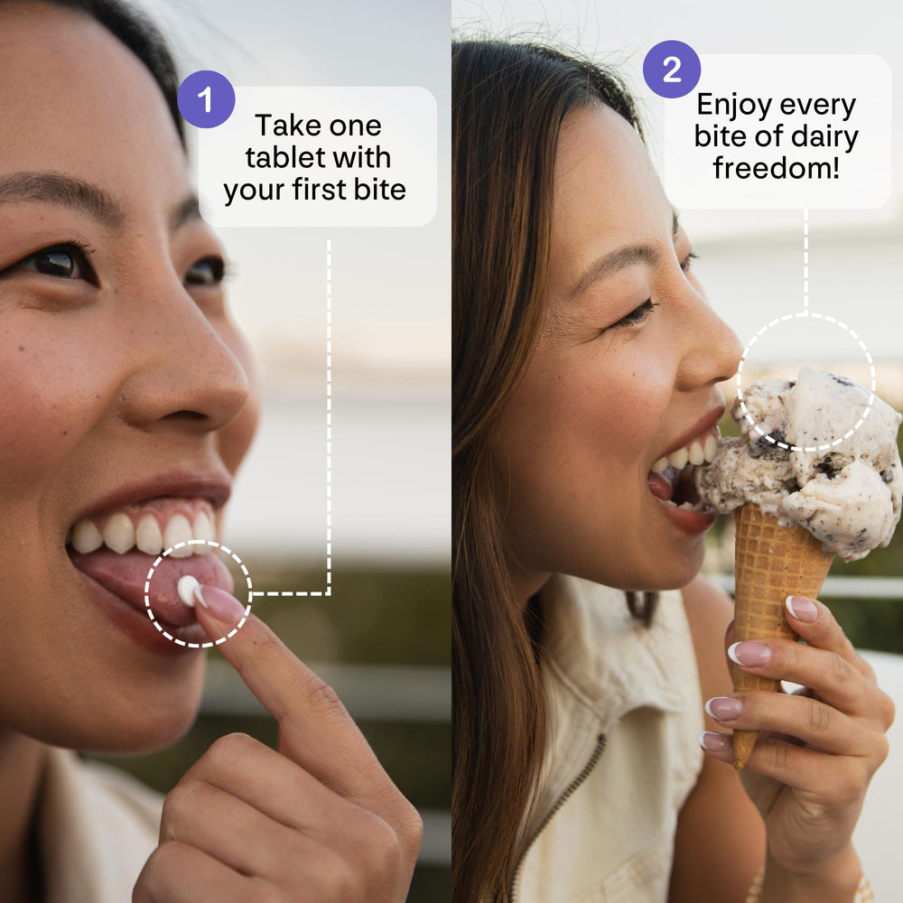 Milky rapid-digestive-relief capsule close-up suggesting post-dairy comfort.