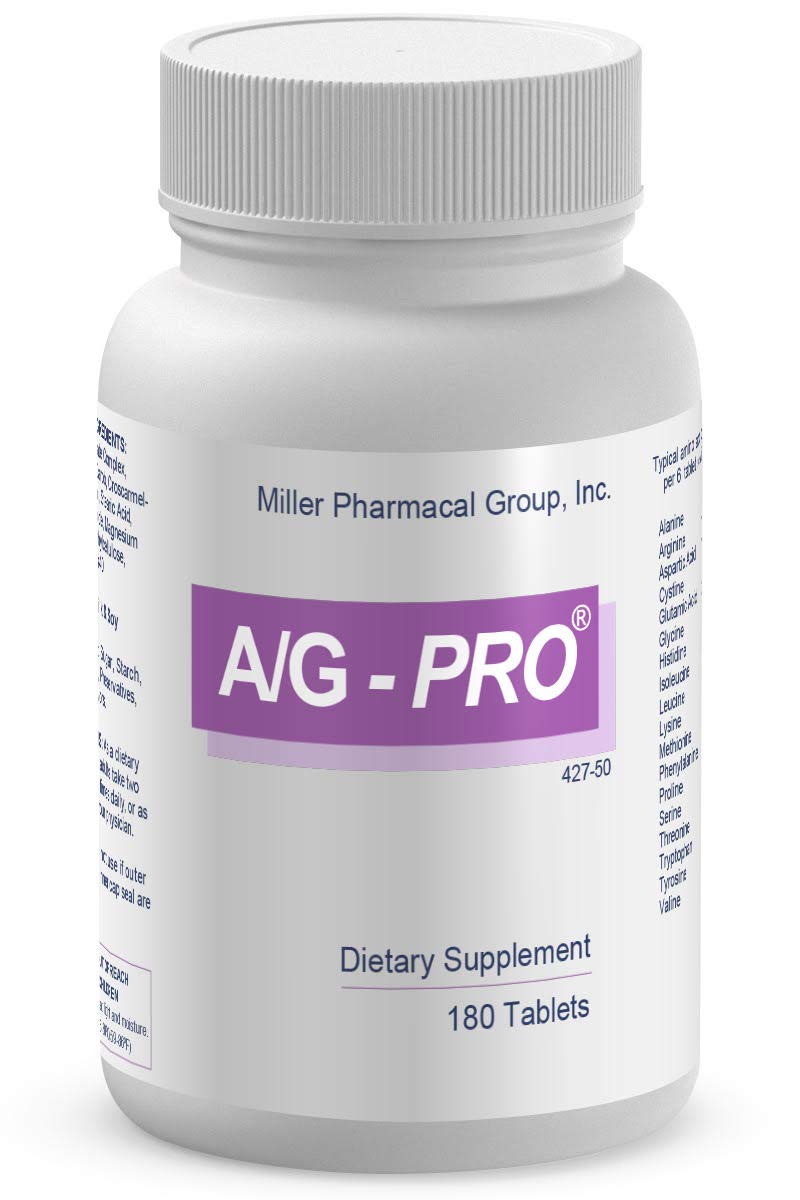Miller Pharmacal A/G Pro bottle front, showing 180 tablets for daily supplementation.