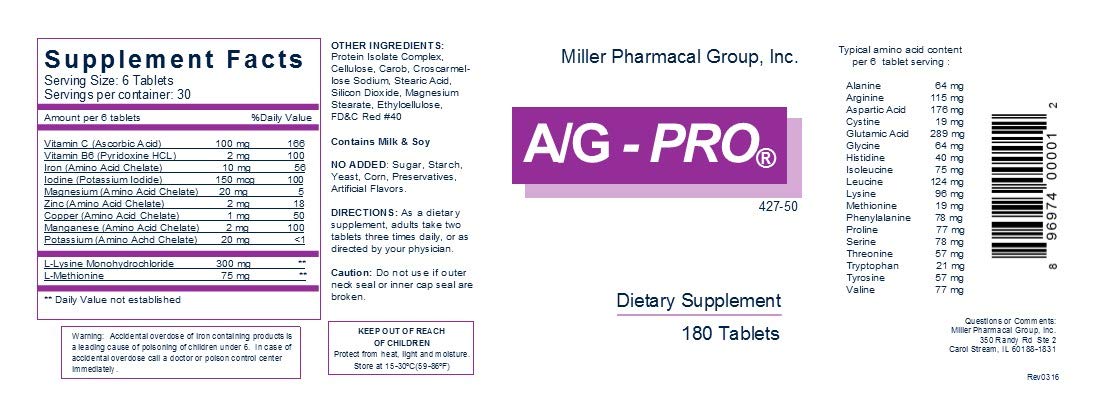Close-up of Miller Pharmacal A/G Pro tablets with uniform shape for reliable dosing.