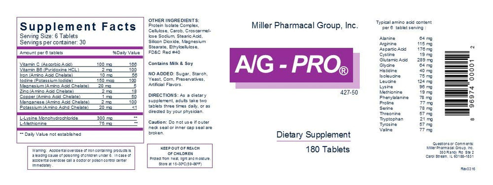 Close-up of Miller Pharmacal A/G Pro tablets with uniform shape for reliable dosing.