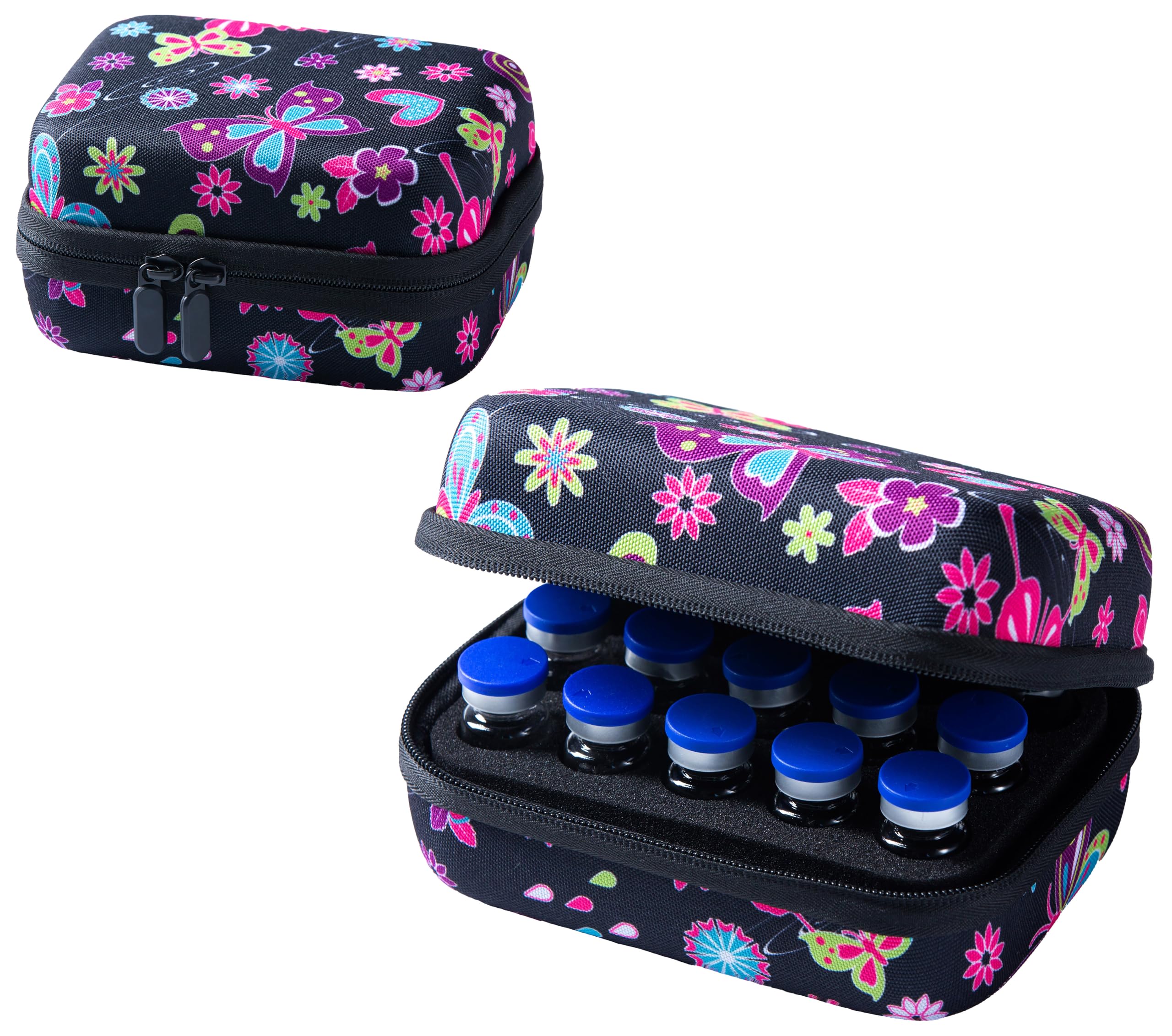 MiloZen butterfly-pattern case front enables quick vial spotting.