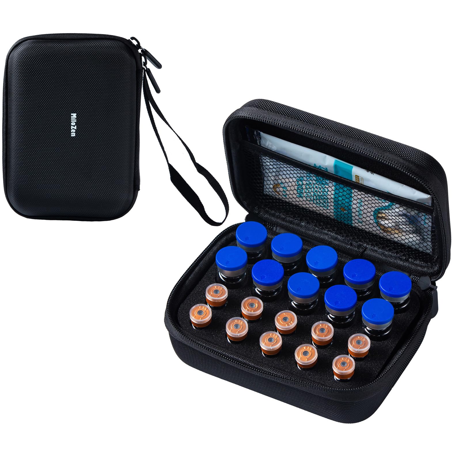 MiloZen peptide and insulin vial case holds 3ml and 10ml vials securely for travel.
