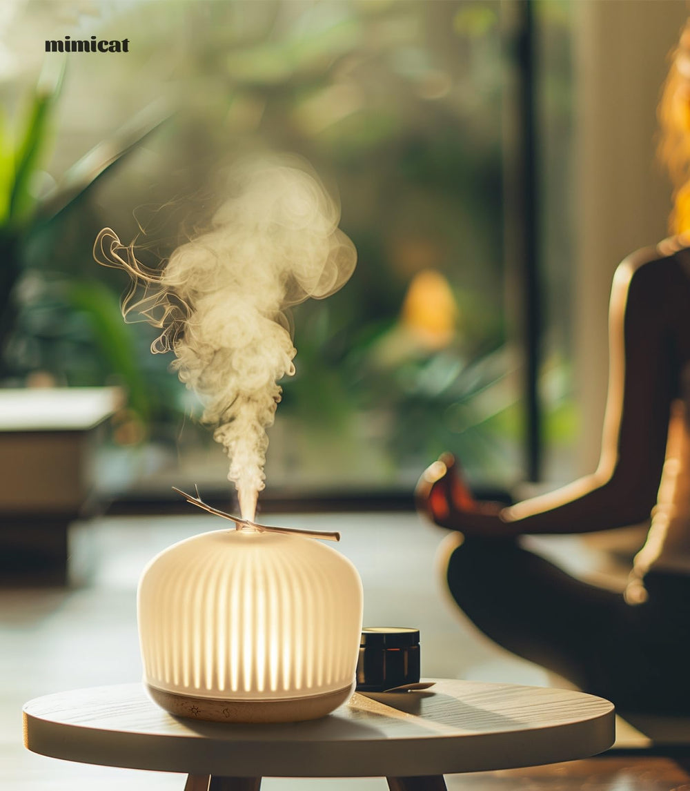Mimicat diffuser in a soothing bedroom setting for calm atmosphere.